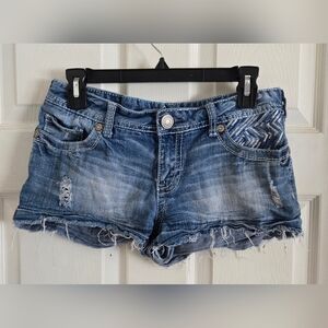 Amethyst Jeans Distressed Embroidered Blue Jean Shorts